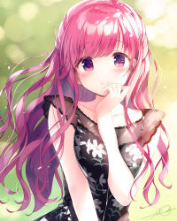 Rule 34 | 1girl, arm between breasts, bare shoulders, black dress, blurry, blurry background, blush, breasts, closed mouth, collarbone, commentary request, day, depth of field, dress, floral print, half updo, hand on own face, highres, kimishima ao, long hair, looking at viewer, medium breasts, original, outdoors, pink hair, print dress, purple eyes, signature, sleeveless, sleeveless dress, smile, solo, upper body, wavy hair