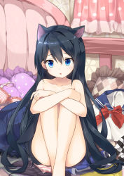 Rule 34 | 1girl, :o, animal ears, black hair, blue eyes, blue skirt, blush, bow, bowtie, bra, cat ears, commentary request, extra ears, feet out of frame, frilled pillow, frills, hair between eyes, head tilt, heart, heart-shaped pillow, hugging own legs, indoors, kutata, long hair, looking at viewer, nude, original, panties, parted lips, pillow, pink bra, plaid, plaid bra, polka dot, polka dot pillow, red bow, red bowtie, school uniform, serafuku, shirt, sitting, skirt, solo, striped clothes, striped legwear, striped panties, underwear, unworn bra, unworn panties, unworn shirt, unworn skirt, very long hair, white shirt