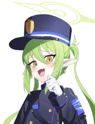 Rule 34 | 1girl, absurdres, armband, black hat, black jacket, blue archive, blue armband, blush, buttons, character request, daeyu k, earrings, fang, gloves, green hair, green halo, halo, hand on own face, hand up, hat, highres, jacket, jewelry, long hair, looking at viewer, open mouth, peaked cap, pointy ears, raised eyebrows, shoulder strap, sidelocks, skin fang, solo, twintails, upper body, white gloves, yellow eyes