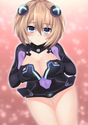 Rule 34 | 1girl, alternate breast size, artist request, blanc (neptunia), blush, bodysuit, grabbing another&#039;s breast, breasts, brown hair, cleavage, cosplay, covered navel, grabbing, highres, large breasts, leaning forward, neptune (series), purple heart (neptunia), short hair, solo, thighhighs, thighs