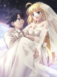 Rule 34 | 1boy, 1girl, ahoge, alternate costume, aqua eyes, artoria caster (fate), artoria caster (third ascension) (fate), artoria pendragon (fate), black hair, blonde hair, blue eyes, breasts, bridal veil, bride, carrying, carrying person, collared shirt, commentary request, detached sleeves, dress, facial mark, fate/grand order, fate (series), forehead mark, formal, fujimaru ritsuka (male), fur-trimmed dress, fur trim, grin, hair ribbon, hands on another&#039;s shoulders, highres, long hair, long sleeves, medium breasts, necktie, open mouth, princess carry, profile, ribbon, see-through, shirt, shoori (migiha), short hair, smile, strapless, strapless dress, suit, veil, very long hair, wedding dress, white dress, white necktie, white ribbon, white shirt, white sleeves, white suit