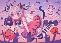 Rule 34 | 1girl, :d, animal ear fluff, animal ears, bell, black bow, black footwear, black gloves, bow, candy wrapper, cat ears, cat girl, cat tail, center frills, collar, fang, frilled skirt, frills, gloves, grey hair, hair bow, hair intakes, hair ornament, hairclip, heart, heart hair ornament, jingle bell, karunabaru, kemonomimi mode, long hair, makaino ririmu, multicolored hair, nijisanji, open mouth, pennant, pink hair, platform footwear, platform heels, pleated skirt, pointy ears, red collar, red skirt, shirt, shoes, skirt, smile, solo, streaked hair, string of flags, striped clothes, striped thighhighs, stuffed animal, stuffed rabbit, stuffed toy, tail, thighhighs, two-tone hair, two side up, virtual youtuber, white shirt, x hair ornament
