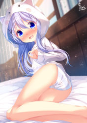 Rule 34 | 1girl, animal hood, ass, bare legs, blue eyes, blue hair, blurry, blurry background, blush, chinomaron, commentary request, depth of field, feet out of frame, gochuumon wa usagi desu ka?, hair between eyes, hair ornament, highres, hood, hood up, hooded jacket, indoors, jacket, kafuu chino, long hair, long sleeves, looking at viewer, looking back, nose blush, on bed, panties, signature, sleeves past wrists, solo, striped clothes, striped panties, underwear, very long hair, white jacket, window, x hair ornament