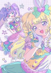Rule 34 | 2girls, :d, ahoge, animal ears, blonde hair, blue eyes, bow, clock, dress, fake animal ears, frilled dress, frills, gloves, green bow, hair bow, hand on own cheek, hand on own face, highres, idol clothes, idol time pripara, ku (kuooss), long hair, looking at viewer, manaka laala, multicolored clothes, multicolored dress, multiple girls, open mouth, outline, pink bow, pretty series, pripara, puffy short sleeves, puffy sleeves, purple eyes, purple hair, rabbit ears, ringlets, short sleeves, smile, standing, star (symbol), twintails, two side up, v, very long hair, white gloves, white outline, yumekawa yui