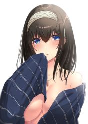 Rule 34 | 1girl, bare shoulders, black hair, blue eyes, blue scarf, blush, breasts, cleavage, grey hairband, hairband, idolmaster, idolmaster cinderella girls, jewelry, kyuunosuke (lactis09), large breasts, long hair, looking at viewer, naked scarf, necklace, parted lips, sagisawa fumika, scarf, simple background, solo, striped clothes, striped scarf, upper body, white background