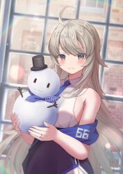Rule 34 | 1girl, ahoge, blue necktie, breasts, grey eyes, grey hair, hair between eyes, highres, holding snowman, jewelry, kantai collection, large breasts, long hair, looking at viewer, nazono neko, necktie, ring, smile, snowman, solo, very long hair, washington (kancolle), wedding ring