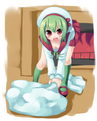 Rule 34 | 1girl, :d, bent over, beret, breasts, christmas, cleavage, collarbone, downblouse, fire, fireplace, fire, full body, green hair, green socks, hat, holding, indoors, kneehighs, mary janes, open mouth, original, pleated skirt, red eyes, sack, sailor collar, sazaki ichiri, school uniform, serafuku, shoes, skirt, small breasts, smile, socks, solo, white beret