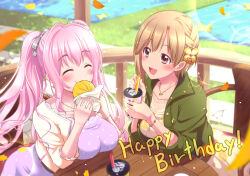 Rule 34 | 2girls, aiba yumi, baozi, black ribbon, blonde hair, blurry, blurry foreground, blush, bow, bracelet, braid, breasts, brown eyes, closed eyes, collarbone, cup, disposable cup, dot nose, dress, drinking straw, eating, elbow on table, falling petals, fence, floral print, flower, food, grass, green jacket, hair bow, hair flower, hair ornament, hair ribbon, hands up, happy birthday, holding, holding cup, holding food, idolmaster, idolmaster cinderella girls, idolmaster cinderella girls starlight stage, jacket, jewelry, kurokoshi you, lace, lace-trimmed dress, lace trim, large breasts, lens flare, light particles, long hair, long sleeves, looking at another, medium breasts, multiple girls, necklace, open clothes, open jacket, open mouth, petals, pink hair, polka dot, polka dot dress, print dress, purple dress, ribbon, saionji kotoka, short hair, sitting, smile, sparkle, table, thick eyebrows, twintails, water, white dress, wooden fence, wooden table, yellow jacket