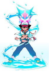 Rule 34 | 1boy, ash-greninja, ash ketchum, baseball cap, belt, black hair, capri pants, closed mouth, commentary request, creatures (company), crossed arms, dododo dadada, dynamax band, floating clothes, game freak, gen 6 pokemon, gloves, greninja, hair between eyes, hat, highres, holding, holding poke ball, legs apart, looking at viewer, navel, nintendo, pants, poke ball, poke ball (basic), pokemon, pokemon (anime), pokemon (creature), pokemon the movie: the power of us, shoes, short sleeves, single glove, smile, z-ring