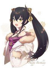 Rule 34 | 1girl, bare shoulders, black bra, black hair, blush, bra, breasts, dated, eyelashes, fur-trimmed jacket, fur trim, haikimono shounen, hair between eyes, hair ribbon, hands in pockets, happy birthday, heart, heart necklace, idolmaster, idolmaster cinderella girls, jacket, jewelry, long hair, looking at viewer, matoba risa, medium breasts, necklace, open clothes, open jacket, open mouth, pink shirt, print ribbon, ribbon, shirt, simple background, smile, solo, tiger stripes, twintails, underwear, white background, white jacket, yellow eyes