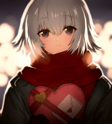 Rule 34 | 1girl, absurdres, black jacket, blurry, blurry background, blush, box, closed mouth, depth of field, envelope, gift, gift box, grey eyes, grey hair, hair between eyes, heart-shaped box, highres, holding, holding gift, jacket, looking at viewer, onimaru gonpei, original, red scarf, scarf, short hair, smile, solo, valentine