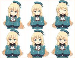 Rule 34 | 10s, 1girl, atago (kancolle), beret, blonde hair, breasts, bryanz09, emofuri, expressions, green eyes, hat, highres, kantai collection, large breasts, long hair, military, military uniform, simple background, smile, solo, uniform, white background