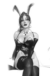 Rule 34 | 1girl, absurdres, animal ears, b66wt, between breasts, breasts, chest harness, cleavage, detached collar, earrings, elbow gloves, fake animal ears, gloves, greyscale, hand on own thigh, harness, high ponytail, highleg, highleg leotard, highres, jewelry, large breasts, leg lift, leotard, lips, long hair, looking at viewer, mole, mole on breast, mole under eye, monochrome, o-ring, original, parted bangs, parted lips, playboy bunny, pom pom (clothes), pom pom earrings, rabbit ears, realistic, sitting, slit pupils, solo, strapless, strapless leotard, thighhighs