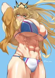 Rule 34 | 1girl, abs, arm behind head, arm up, bare shoulders, barghest (fate), barghest (swimsuit archer) (fate), biceps, bikini, blonde hair, breasts, cleavage, fate/grand order, fate (series), green eyes, grin, high ponytail, highres, horns, huge breasts, kuremon, long hair, looking at viewer, multicolored bikini, multicolored clothes, muscular, muscular female, navel, shirt, short sleeves, smile, solo, swimsuit, thick thighs, thighs, underboob, white bikini, yellow shirt