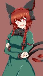 Rule 34 | 1girl, animal ears, black bow, bow, braid, cat ears, cat tail, dress, frilled sleeves, frills, green dress, hair bow, highres, kaenbyou rin, long hair, long sleeves, multiple tails, open mouth, red background, red eyes, red hair, seo haruto, simple background, solo, tail, touhou, twin braids, two tails