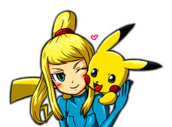 Rule 34 | 1girl, :3, :d, ;), animal, aqua eyes, blonde hair, blush, blush stickers, bodysuit, breasts, carrying, couple, creatures (company), crossover, eye contact, game freak, gen 1 pokemon, gloves, green eyes, grey eyes, hand on another&#039;s head, happy, heart, high ponytail, light smile, long hair, looking at another, metroid, nintendo, one eye closed, open mouth, outline, piggyback, pikachu, pokemon, pokemon (creature), ponytail, samus aran, scrunchie, sidelocks, simple background, small breasts, smile, super smash bros., tail, turtleneck, upper body, white background, wink, zero suit