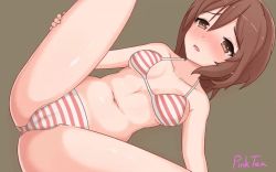 Rule 34 | 1girl, animated, animated gif, ass, bare legs, bikini, blush, breasts, brown eyes, brown hair, cameltoe, clara (together again), cleft of venus, game cg, holding legs, lying, on back, open mouth, pinktea, red and white stripes, short hair, simple background, small breasts, solo focus, spread legs, striped bikini, striped clothes, swimsuit, together again