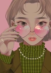 Rule 34 | 1girl, adjusting eyewear, brown eyes, brown hair, brown jacket, commentary request, green nails, green shirt, hand up, heart, heart-shaped eyewear, highres, jacket, jewelry, long sleeves, looking at viewer, looking over eyewear, nail polish, necklace, original, parted lips, pink-tinted eyewear, pink background, plaid, plaid shirt, portrait, red lips, ring, shirt, short hair, simple background, solo, sunglasses, tinted eyewear, tori no 3046, turtleneck, upper body