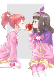 Rule 34 | 2girls, apple, black hair, bow, brown hair, capelet, commentary request, dress, facing another, fake wings, feet out of frame, food, fruit, grey background, hairband, hand up, head wings, high ponytail, highres, holding, holding food, holding fruit, jacket, kurosu aroma, long hair, looking at another, multiple girls, okiru, open clothes, open jacket, pink bow, pink jacket, pleated dress, ponytail, pretty series, pripara, profile, purple capelet, purple hairband, purple wings, red apple, sailor collar, shiratama mikan, thighhighs, two-tone background, white background, white sailor collar, wings, yellow dress