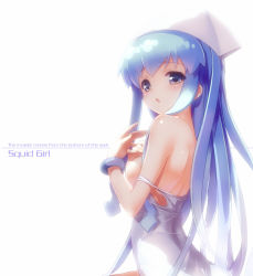 Rule 34 | 1girl, ashishun, back, bare shoulders, bloom, blue eyes, blue hair, bracelet, breasts, clothes pull, covering privates, covering breasts, english text, hat, ikamusume, jewelry, long hair, looking at viewer, matching hair/eyes, nipples, one-piece swimsuit, one-piece swimsuit pull, school swimsuit, shinryaku! ikamusume, simple background, solo, swimsuit, tentacle hair, white background, white one-piece swimsuit, white school swimsuit