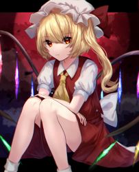 Rule 34 | 1girl, ankle socks, arm rest, ascot, blonde hair, bobby socks, cloud, cloudy sky, expressionless, feet out of frame, flandre scarlet, hair between eyes, hat, highres, knees together feet apart, looking at viewer, mob cap, moon, mozuno (mozya 7), night, one side up, outdoors, puffy short sleeves, puffy sleeves, red eyes, red moon, red skirt, red vest, shirt, short hair, short sleeves, sitting, skirt, sky, socks, solo, touhou, vest, white hat, white shirt, white socks, wings, yellow ascot