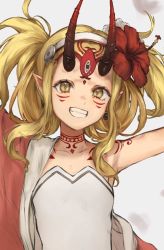 Rule 34 | 1girl, bare shoulders, blush, breasts, earrings, facial mark, fate/grand order, fate (series), floral print, flower, forehead, forehead mark, grin, hair flower, hair ornament, hairband, horns, ibaraki douji (fate), ibaraki douji (fate/grand order), ibaraki douji (swimsuit lancer) (fate), ibaraki douji (swimsuit lancer) (second ascension) (fate), jewelry, kouzuki kei, long hair, looking at viewer, one-piece swimsuit, oni, oni horns, pointy ears, sash, sidelocks, small breasts, smile, solo, swimsuit, tattoo, white one-piece swimsuit, yellow eyes