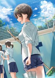 Rule 34 | 3girls, :d, blouse, blue pants, blush, broom, brown eyes, brown hair, bucket, collared shirt, cowboy shot, empty pool, from side, highres, holding, holding broom, holding bucket, kukiha, looking to the side, multiple girls, open mouth, original, pants, ponytail, pool, shirt, short hair, short sleeves, sleeves rolled up, smile, solo focus, track pants, white shirt
