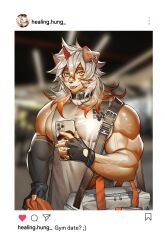 Rule 34 | 1boy, :p, alternate muscle size, alternate pectoral size, animal ears, arknights, bara, blurry, blurry background, brown fur, dog boy, dog ears, furry, furry male, gradient hair, gym, highres, holding, holding phone, horns, hung (arknights), insomnia elliot, large pectorals, long hair, male focus, multicolored hair, muscular, muscular male, pectorals, phone, selfie, sidepec, single horn, single sleeve, solo, tank top, thick eyebrows, tongue, tongue out, two-tone fur, upper body, veins, veiny arms, white fur, white tank top