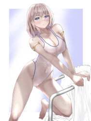 Rule 34 | 1girl, armlet, barefoot, breasts, cleavage, commentary request, competition swimsuit, covered navel, large breasts, light brown hair, looking at viewer, mashinatsu, one-piece swimsuit, original, pool ladder, purple eyes, short hair, solo, swimsuit, towel, wet, wet clothes, wet swimsuit, white one-piece swimsuit, white towel