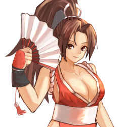 Rule 34 | 12 (artist), 1girl, bare shoulders, breasts, brown hair, cleavage, fatal fury, hand fan, high ponytail, highres, large breasts, long hair, shiranui mai, sleeveless, the king of fighters