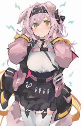 Rule 34 | 1girl, animal ears, arknights, black bow, black choker, black hairband, black skirt, blush, bow, cat ears, cat girl, cat tail, choker, closed mouth, coat, cowboy shot, electricity, garter straps, goldenglow (arknights), hair bow, hairband, hands in hair, hands up, high-waist skirt, highres, holding, holding own hair, id card, lightning bolt print, long hair, looking at viewer, mikozin, open clothes, open coat, pink coat, pink hair, scissors, shirt, simple background, skirt, solo, tail, thighhighs, white background, white shirt, white thighhighs, yellow eyes, zettai ryouiki