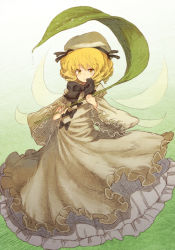 Rule 34 | 1girl, blonde hair, bow, dress, drill hair, fairy, fairy wings, frills, gradient background, hat, leaf, leaf umbrella, long dress, long sleeves, looking at viewer, luna child, puffy sleeves, short hair, smile, solo, touhou, urin, white dress, wide sleeves, wings, yellow eyes