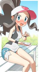 Rule 34 | 1girl, absurdres, aqua shorts, asamaru1225, bare arms, bare legs, bare shoulders, baseball cap, black vest, blue eyes, breasts, brown hair, cowboy shot, creatures (company), curvy, denim, denim shorts, embarrassed, game freak, hat, high ponytail, highres, hilda (pokemon), holding, holding phone, long hair, looking at viewer, medium breasts, nintendo, open clothes, open mouth, open vest, phone, pokemon, pokemon bw, shirt, short shorts, shorts, sleeveless, sleeveless shirt, solo, standing, very long hair, vest, white shirt, wide hips, wristband