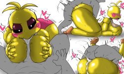 Rule 34 | 1boy, 1girl, after vaginal, bald, blush, breasts, chica, colored skin, cum, cum in pussy, ejaculation, enigi09, fellatio, five nights at freddy&#039;s, gradient background, grey background, grey skin, highres, huge breasts, large penis, lying, lying on person, mating press, musical note, on person, oral, paizuri, penis, pussy, pussy juice, sex, simple background, speech bubble, sweat, testicles, tongue, tongue out, vaginal, white background