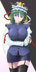 Rule 34 | 1girl, arms under breasts, asymmetrical hair, black thighhighs, blue eyes, blue shirt, breasts, buttons, closed mouth, dark background, garter belt, garter straps, glaring, gold trim, green hair, hair between eyes, half-closed eyes, hat, head tilt, highres, juliet sleeves, large breasts, long sleeves, looking at viewer, miniskirt, puffy sleeves, ribbon, shiki eiki, shirt, simple background, skirt, solo, thighhighs, touhou, two-tone background, vision (gruene), white background