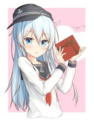 Rule 34 | 10s, 1girl, black hat, blue eyes, box, cropped torso, gift, gift box, habu., hair between eyes, hat, hibiki (kancolle), holding, holding box, kantai collection, long hair, looking at viewer, neckerchief, open mouth, red neckerchief, school uniform, serafuku, shirt, silver hair, simple background, solo, upper body, visor cap, white background, white shirt