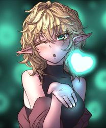 Rule 34 | 1girl, bare shoulders, blonde hair, blowing kiss, blush, commentary, glowing, green eyes, head tilt, heart, looking at viewer, messy hair, miata (miata8674), mizuhashi parsee, off shoulder, one eye closed, open mouth, pointy ears, shirt, solo, touhou, upper body