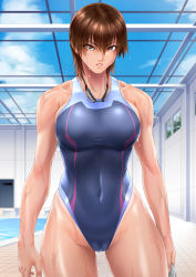 Rule 34 | 1girl, bare legs, bare shoulders, blue sky, bouzu oyaji, breasts, breasts out, brown eyes, brown hair, cameltoe, cleft of venus, competition swimsuit, covered navel, curvy, expressionless, goggles, goggles around neck, highleg, highleg swimsuit, highres, large breasts, lips, looking at viewer, one-piece swimsuit, parted lips, shiho (watashi ga toriko ni natte yaru), shiny clothes, shiny skin, short hair, sky, solo, standing, swimsuit, tan, tanline, watashi ga toriko ni natte yaru, water, wet, wide hips, window