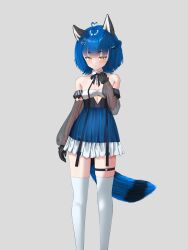 Rule 34 | 1girl, absurdres, ahoge, animal ears, blue hair, breasts, closed mouth, commission, dress, feet out of frame, gloves, grey background, hair ornament, highres, idol corp, key, looking at viewer, poko rakun, raccoon ears, raccoon tail, ribbon, see-through, see-through sleeves, shirt, short hair, simple background, skirt, small breasts, tail, thighhighs, thighs, virtual youtuber, yellow eyes