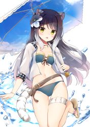 Rule 34 | 1girl, :d, animal ear fluff, animal ears, belt, belt buckle, bikini, bikini under clothes, black hair, blue bikini, blue flower, blush, breasts, brown belt, brown footwear, buckle, cleavage, cloud print, collarbone, commentary request, flower, green eyes, groin, hair flower, hair ornament, highres, holding, holding umbrella, jacket, kutata, long hair, long sleeves, looking at viewer, multicolored hair, navel, open clothes, open jacket, open mouth, princess connect!, puffy long sleeves, puffy sleeves, sandals, see-through, shiori (princess connect!), silver hair, simple background, sky print, small breasts, smile, solo, standing, standing on one leg, swimsuit, tail, thigh strap, tiger ears, tiger girl, tiger tail, two-tone hair, umbrella, very long hair, water, white background, white umbrella