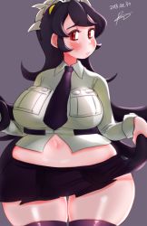 Rule 34 | 1girl, black hair, blush, breasts, female focus, filia (skullgirls), highres, large breasts, long hair, looking at viewer, navel, necktie, plump, red eyes, ruchi (shrlfmdks), simple background, skullgirls, solo, thick thighs, thighs, third-party edit, wide hips