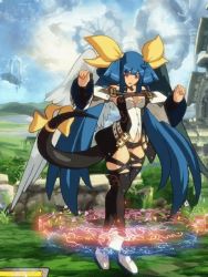 Rule 34 | 1girl, 3d, adjusting clothes, adjusting legwear, animated, animated gif, arc system works, asymmetrical wings, belt, black panties, black thighhighs, blue hair, boots, bouncing, bouncing breasts, bow, breasts, choker, cloud, collarbone, detached sleeves, dizzy (guilty gear), gears, grass, guilty gear, guilty gear xrd, hair between eyes, hair ribbon, hair rings, high heels, idle animation, large breasts, long hair, looping animation, magic circle, midriff, monster girl, multicolored background, navel, official art, panties, pillar, red eyes, ribbon, sky, standing, sun, tail, tail ornament, tail ribbon, thick thighs, thigh strap, thighhighs, thighs, twintails, underwear, wings, yellow ribbon
