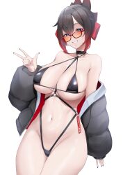 Rule 34 | 1girl, artist name, black bra, black hair, black jacket, black nails, black panties, blue eyes, bow, bra, breasts, colored tips, commentary, commission, cowboy shot, crossed bangs, english text, fingernails, glasses, grin, hair between eyes, hair bow, hand up, harness, highres, jacket, jacket partially removed, large breasts, long sleeves, looking at viewer, looking over eyewear, multicolored hair, nail polish, navel, open clothes, open jacket, open mouth, orange-tinted eyewear, original, panties, puffy sleeves, red-framed eyewear, red bow, red hair, short hair, sidelocks, simple background, skeb commission, smile, solo, suzuya (maru), tag, teeth, tinted eyewear, underwear, v, white background