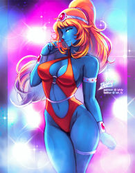 Rule 34 | 1girl, alien, armlet, artist name, belt, blue skin, bracer, breasts, center opening, cleavage, colored skin, commentary, criss-cross halter, curvy, daft punk, english commentary, female focus, forehead jewel, groin, halterneck, hand in own hair, high ponytail, highleg, highleg swimsuit, iahfy, interstella 5555, lens flare, lens flare abuse, long hair, looking at viewer, medium breasts, navel, o-ring, o-ring swimsuit, one-piece swimsuit, orange one-piece swimsuit, patreon username, signature, smile, solo, standing, stella (interstella 5555), swimsuit, thigh strap, twitter username, white belt
