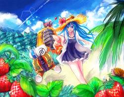 Rule 34 | 1girl, blue eyes, blue hair, blue sky, blurry, cloud, day, depth of field, dew drop, dot heit, dress, food, forest, frilled dress, frills, fruit, jacket, lens flare, mcdroid, mountain, nature, palm tree, plant, pointing, robot, signature, sky, st-ko, steam (platform), strawberry, sutiko, tree, water drop