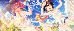 Rule 34 | 3girls, :d, ;d, akagi miria, arms up, bare shoulders, bikini, bikini under clothes, blonde hair, blue bikini, blue sky, blush, bracelet, breasts, brown eyes, brown hair, cleavage, cloud, collarbone, commentary request, day, dress, earrings, fence, flower, hair between eyes, halterneck, hat, highres, hose, hose nozzle, idolmaster, idolmaster cinderella girls, jewelry, jougasaki mika, jougasaki rika, large breasts, long hair, multiple girls, necklace, one eye closed, open mouth, orange bikini, outdoors, picket fence, pink hair, sandals, see-through, short hair, sky, sleeveless, sleeveless dress, smile, standing, straw hat, sun hat, sundress, swimsuit, twintails, two side up, water, wet, wet clothes, white dress, wooden fence, yellow eyes, yuuki tatsuya