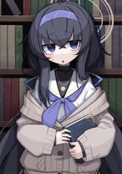 Rule 34 | 1girl, black hair, blue archive, blurry, book, bookshelf, commentary request, depth of field, eyes visible through hair, hair between eyes, hairband, highres, holding, holding book, jewelry, long hair, long sleeves, looking at viewer, low twintails, necklace, nirato shungiku, parted lips, pleated skirt, purple eyes, ribbed sweater, school uniform, serafuku, sidelocks, skirt, solo, sweatdrop, sweater, turtleneck, turtleneck sweater, twintails, ui (blue archive)