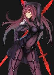 Rule 34 | 1girl, armor, bodysuit, breasts, covered navel, dual wielding, fate/grand order, fate (series), gae bolg (fate), highres, holding, large breasts, long hair, miya star saa, pauldrons, polearm, purple bodysuit, purple hair, red eyes, scathach (fate), scathach (fate), shoulder armor, solo, spear, weapon
