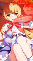 Rule 34 | 1girl, absurdres, alcohol, bow, bowtie, chain, cup, gourd, hair bow, highres, horn ornament, horns, ibuki suika, lying, mika pikazo (style), nazca (yhan mie), on back, oni, orange hair, red bow, red bowtie, sakazuki, sake, shirt, solo, torn clothes, torn sleeves, touhou, white shirt, yellow eyes