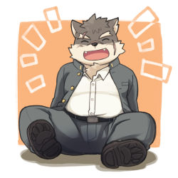 Rule 34 | 1boy, animal ears, brown fur, chest tuft, closed eyes, collared shirt, commentary request, dog boy, dog ears, fat, fat man, full body, furry, furry male, gakuran, happy, happy aura, male focus, moritaka (housamo), nekomdr, open mouth, orange background, pectorals, scar, scar on face, school uniform, shirt, short hair, sitting, smile, solo, thick eyebrows, tokyo houkago summoners, white shirt